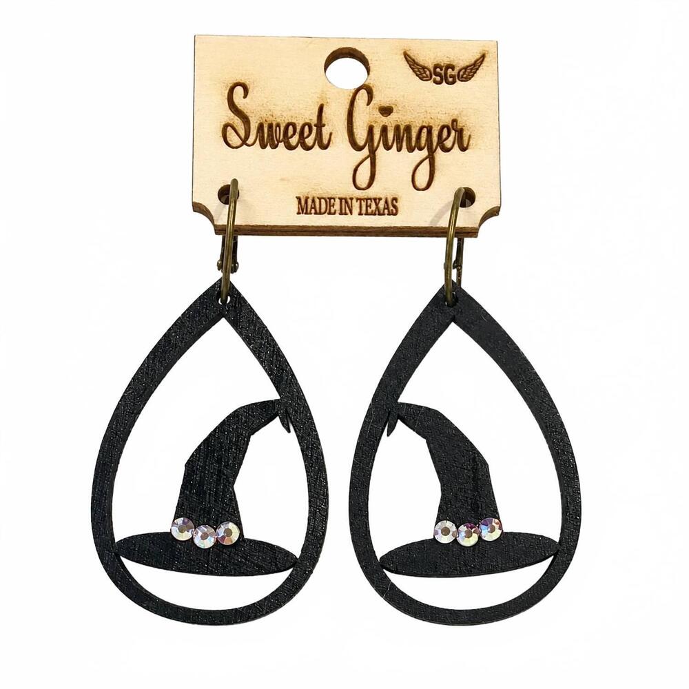 NEW SWEET GINGER women's witch hat rhinestone wood earrings in black